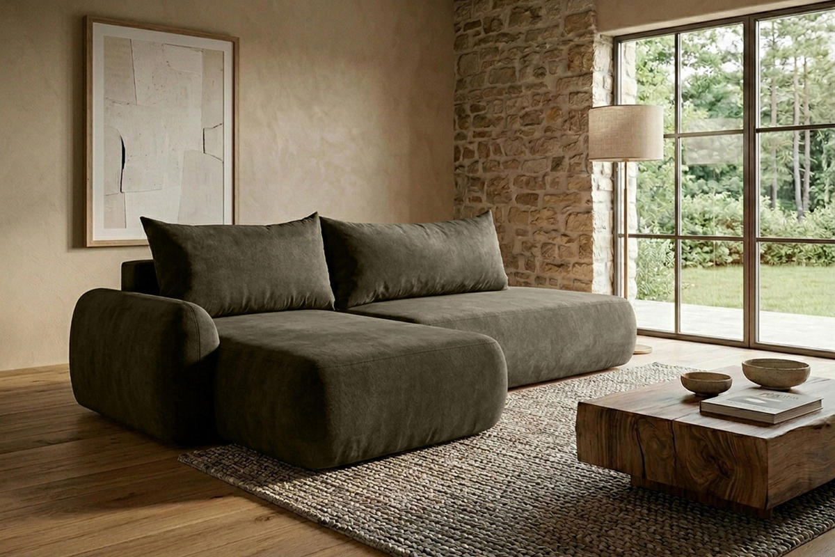 ECKSOFA Mit Schlaffunktion Und Bettkasten, Velvet-Stoff Vena, Olive, Links, HELA I - Olivgrün, Holz (302/184cm) - Kaiser Möbel