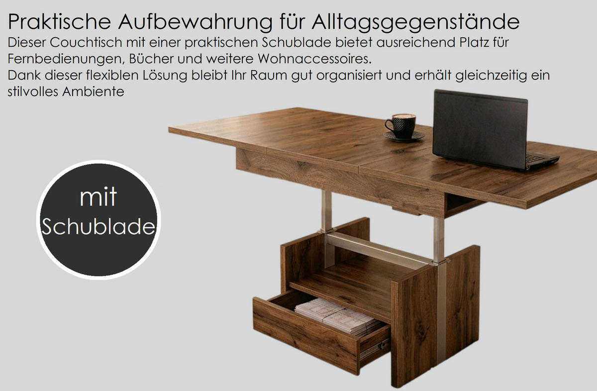 COUCHTISCH rechteckig ausziehbar höhenverstellbar Schubalde 110/64/56 cm - Eiche Artisan, Holzwerkstoff (65/110/56cm) - designimpex