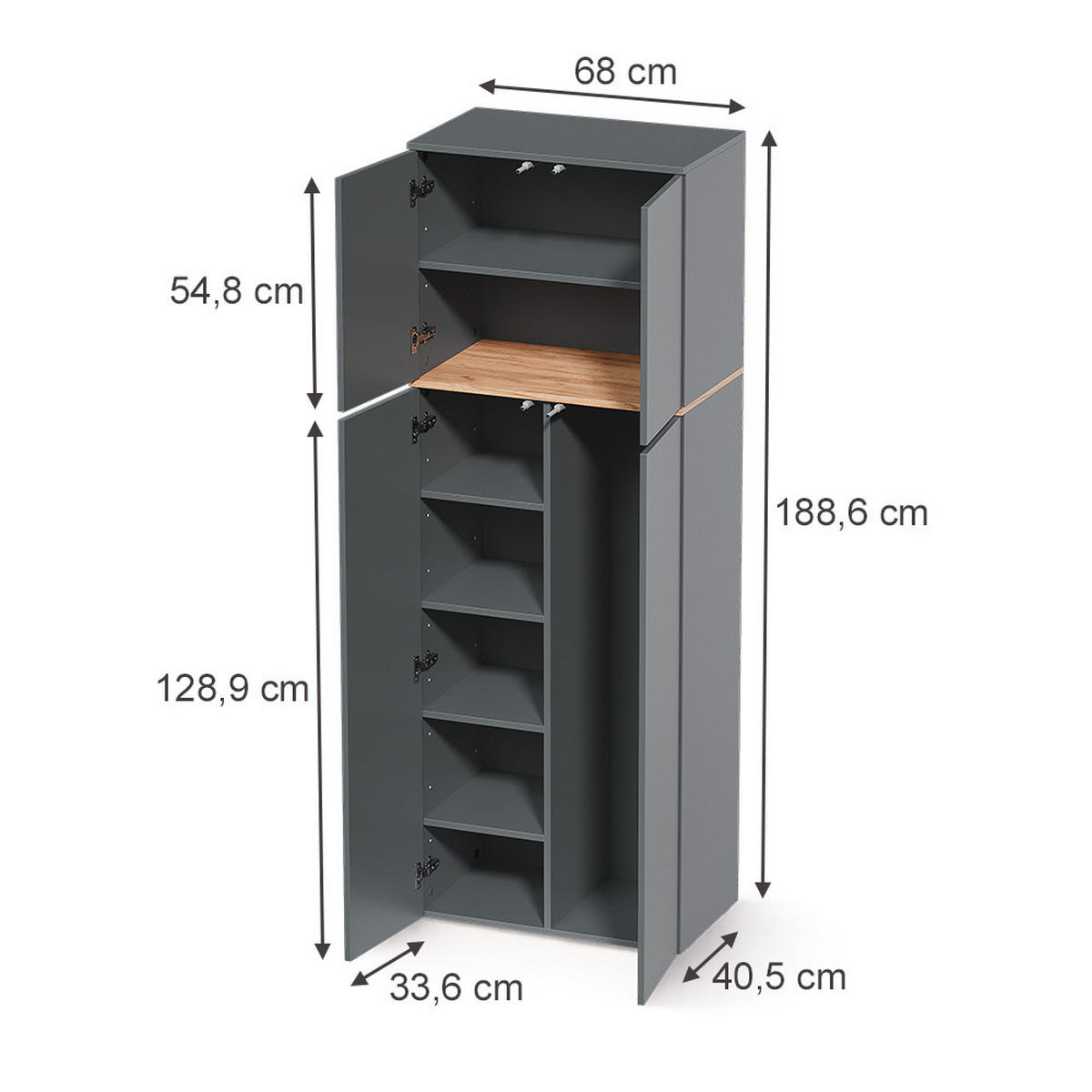 VISOKA OMARA Viktor, Antracit/Zlati hrast z močjo, 68 x 188.6 cm z 8 zaprtimi predali - medeni hrast/antracit, leseni material (68/188.6/40.5cm) - Vicco