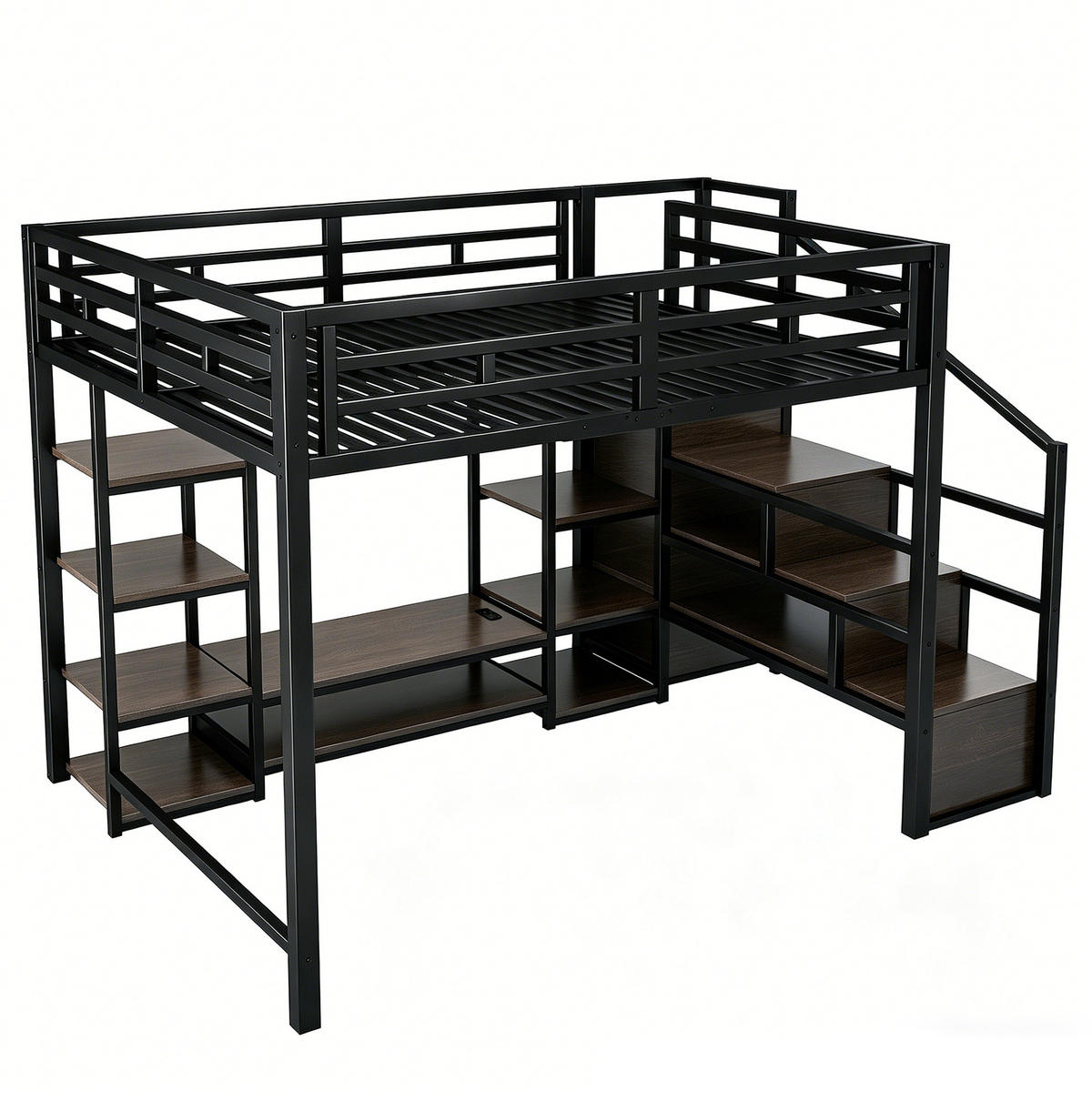 VYSOKÁ posteľ 140/200 cm čierna z kovu a MDF s TV stolíkom zásuvkou a úložným rebríkom - čierna, kompozitné drevo (140/200cm) - OKWISH