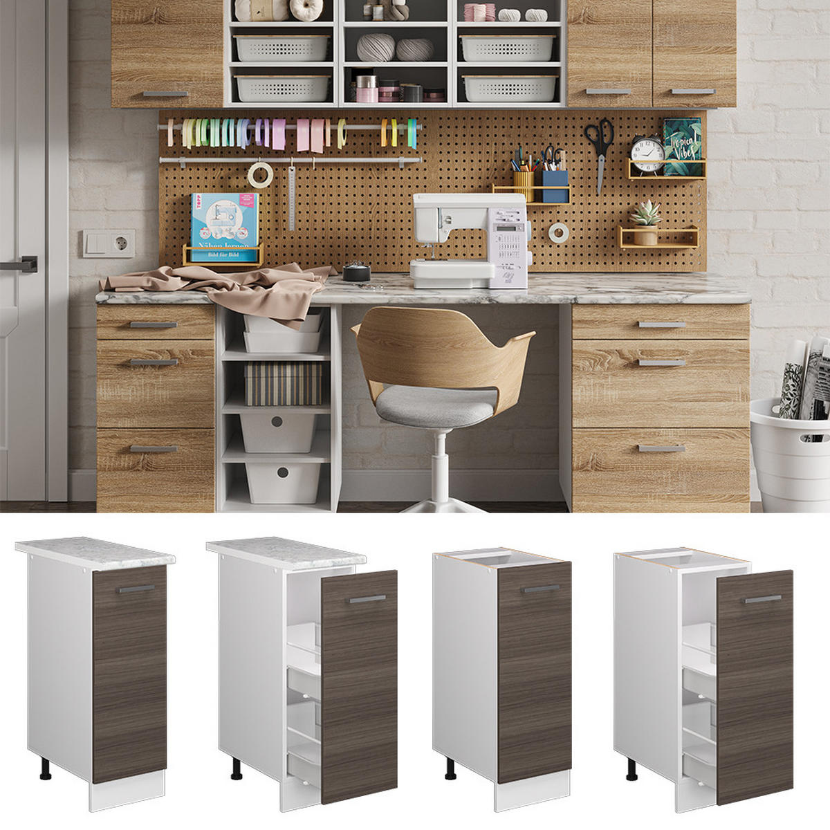 UNTERSCHRANK R-Line Grau 30 cm mit Tür, mit Arbeitsplatte - Weiß/Grau, Holzwerkstoff (30/81.6/60cm) - Vicco