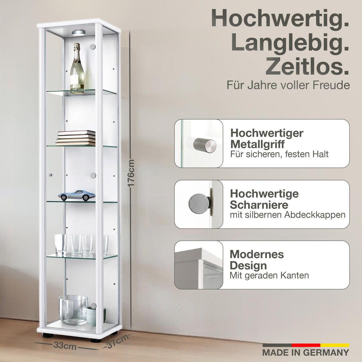 GLASVITRINE 33/37/176 cm mit LED & 4 höhenverstellbaren Glasböden - Transparent/Silberfarben, Glas/Holzwerkstoff (37/176/33cm) - K-Möbel