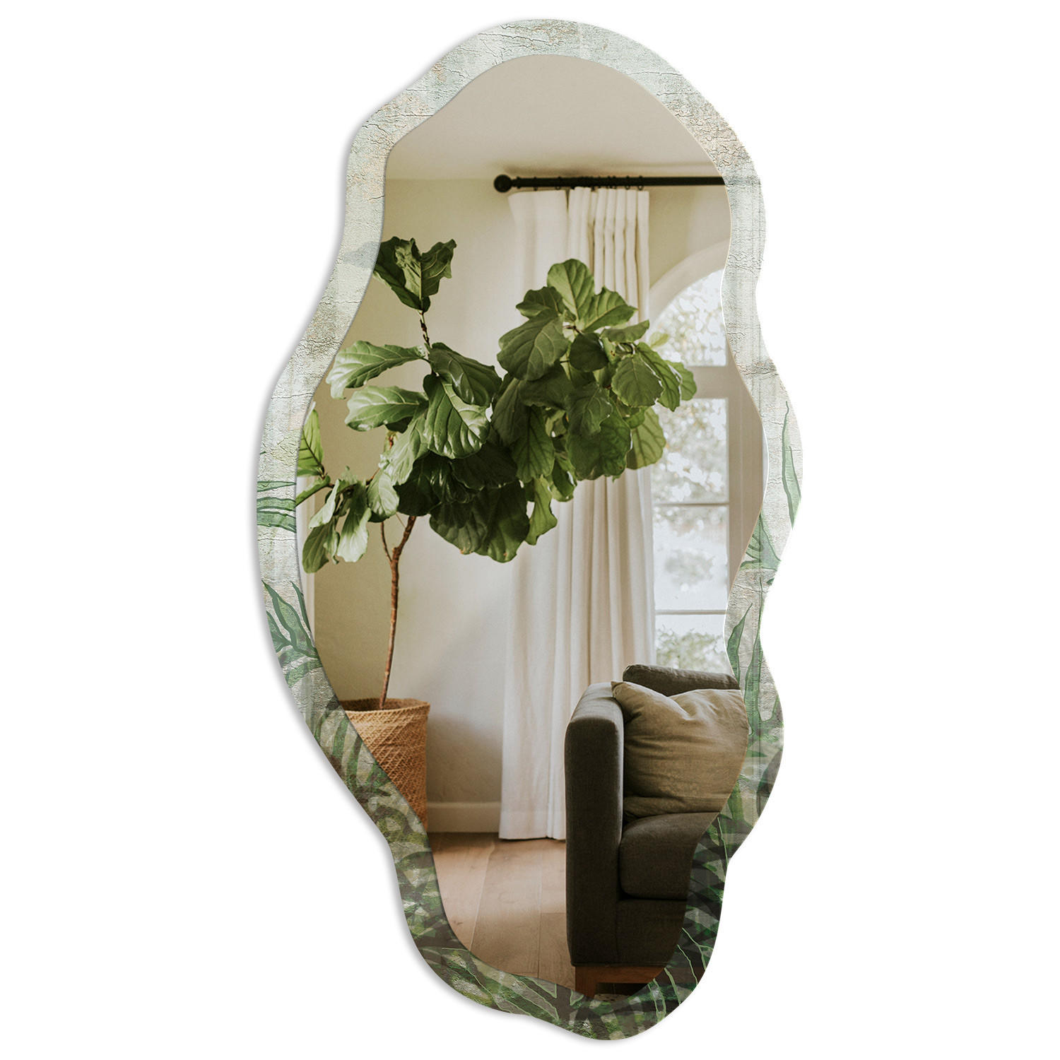 SPIEGEL 90x45 cm asymmetrisch mit Druck - Tropischer Farn - Transparent, Glas (45/90/0.4cm) - TULUP