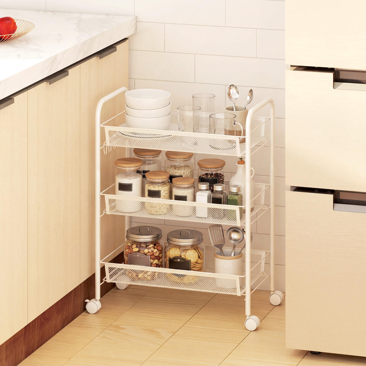 SERVIERWAGEN DE-12537 3 abnehmbare Körbe mit 4 Haken 45/26,5/63 cm Weiß - Weiß, Metall (26.5/63/45cm) - ComfortXL