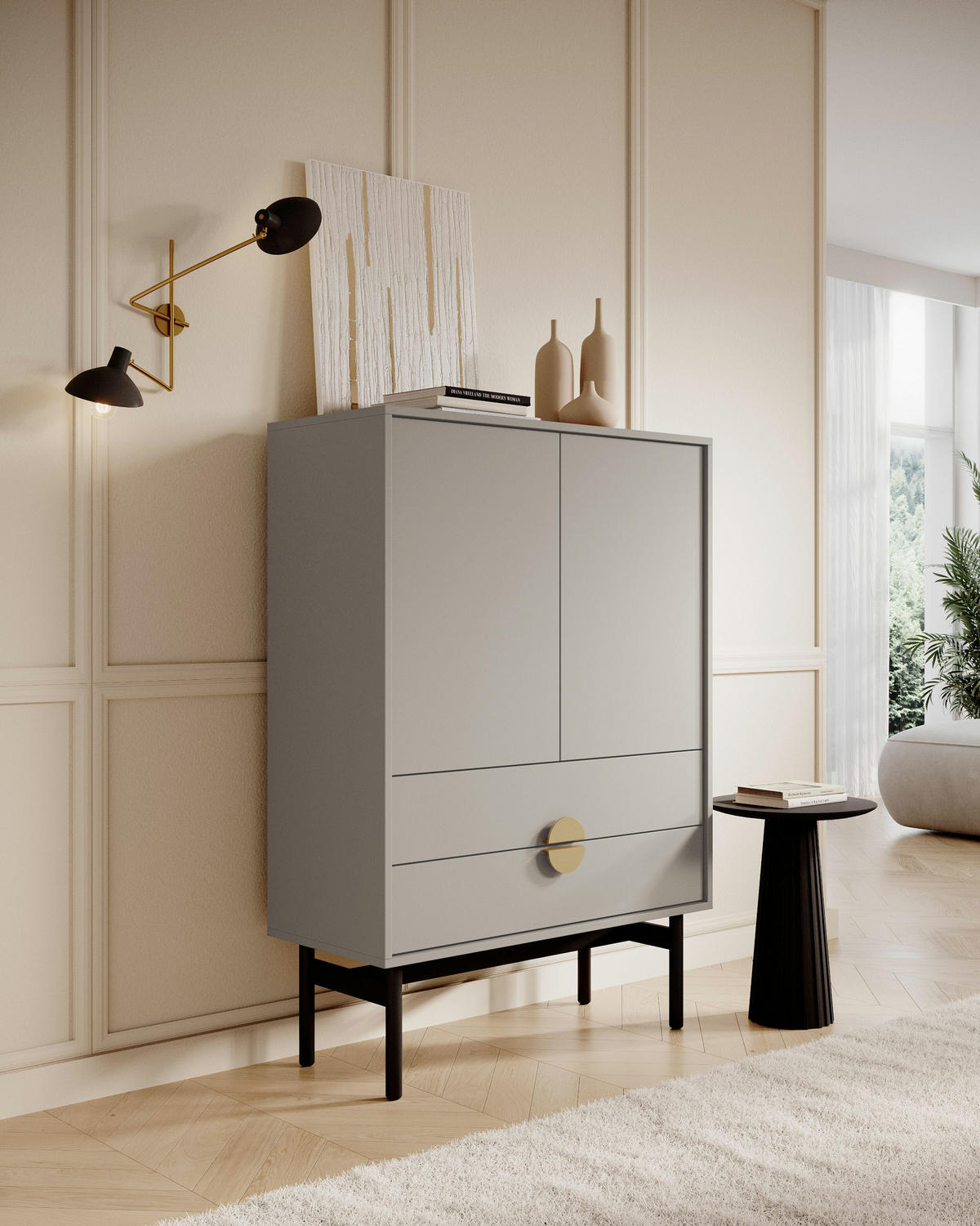 HIGHBOARD Stoon Grau-Beige 85 cm - Greige/Goldfarben, Holzwerkstoff/Metall (85/124/38cm) - Selsey