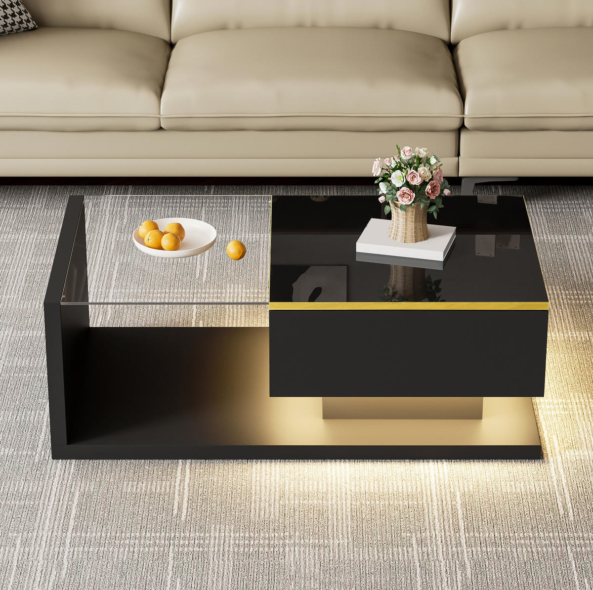 COUCHTISCH aus Spanplatte und Glas 90x50x32,5 cm in Schwarz mit LED-Beleuchtung - Schwarz, Holzwerkstoff (90/50/32.5cm) - Modfu