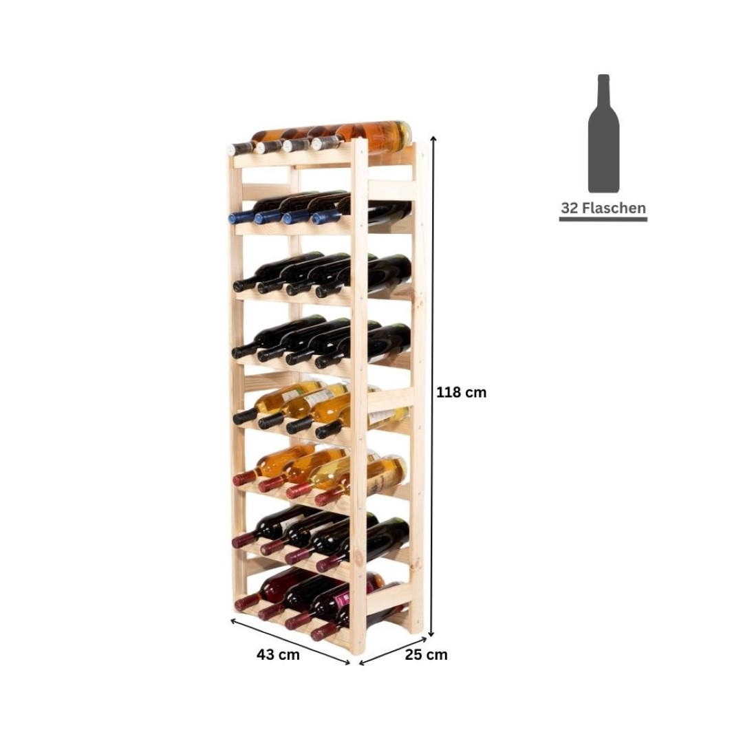 WEINREGAL Pinotwine 118x43x25 cm 32 Flaschen Massives Kiefernholz Braun Geölt - Braun, Holz (43/118/25cm) - PROREGAL
