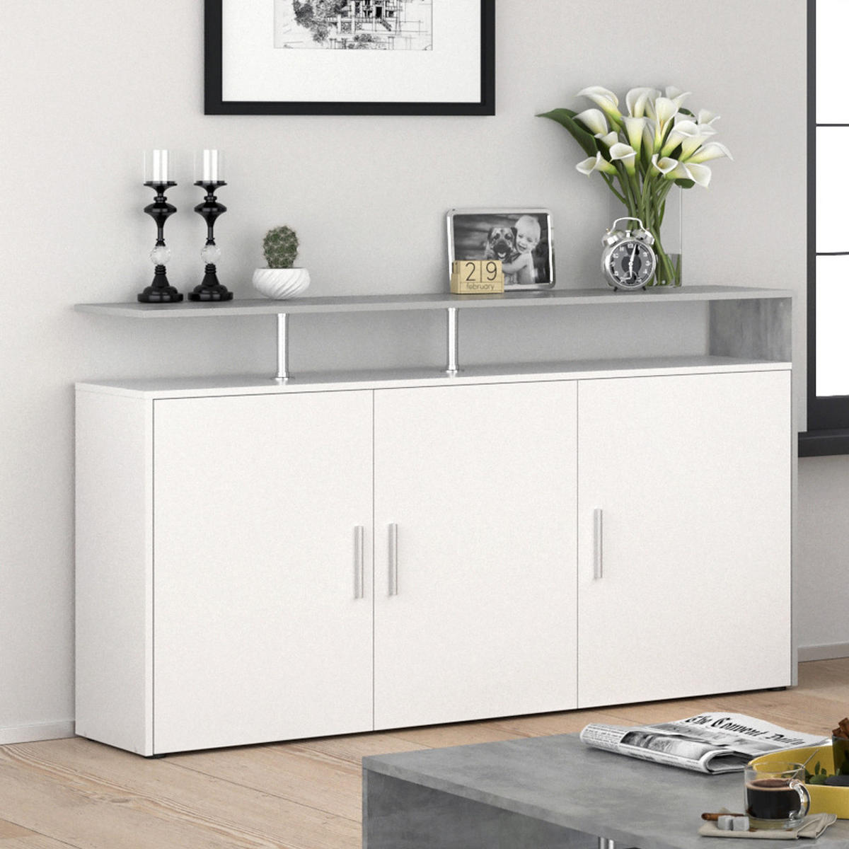 KOMMODE Amato Beton/Weiß 160 x 91.6 cm - Weiß/Grau, Holzwerkstoff (35/91.6/160cm) - Vicco