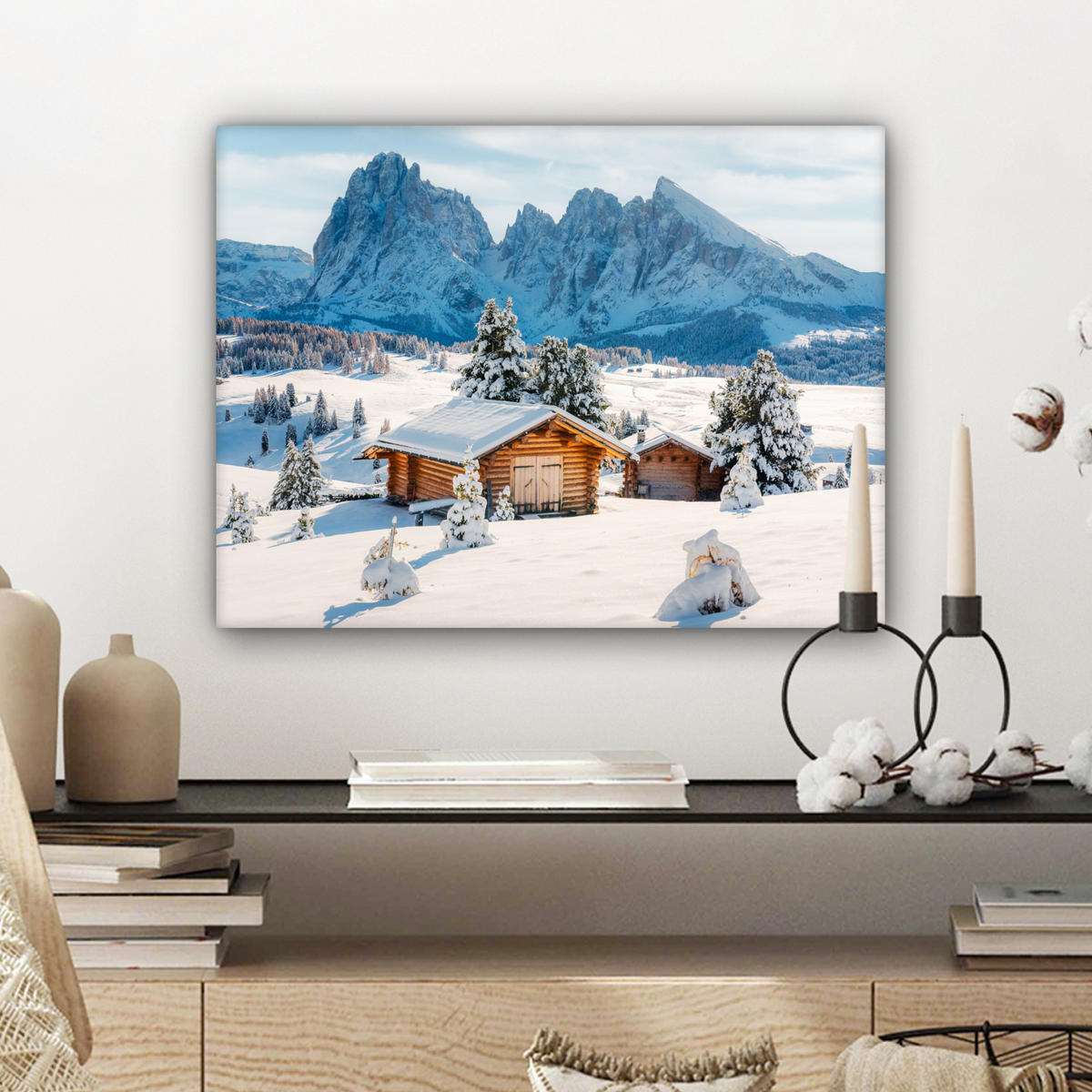 LEINWANDBILD Winter - Hütte - Berge - Aussicht - Schnee Wandbild 40x30 cm - Eichefarben, Textil (40/30cm) - MuchoWow
