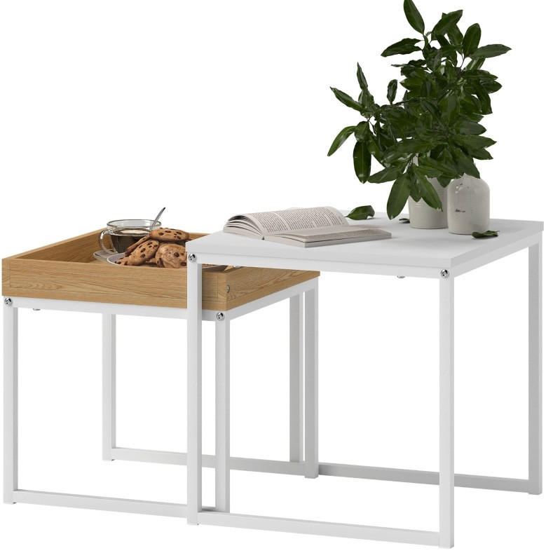 COUCHTISCH-SET 45/45/45 cm & 40/40/40 cm ineinanderstellbar mit abnehmbarem Tablett und Stahlgestell, Weiß - Weiß, Metall (45/45/45cm) - Modfu