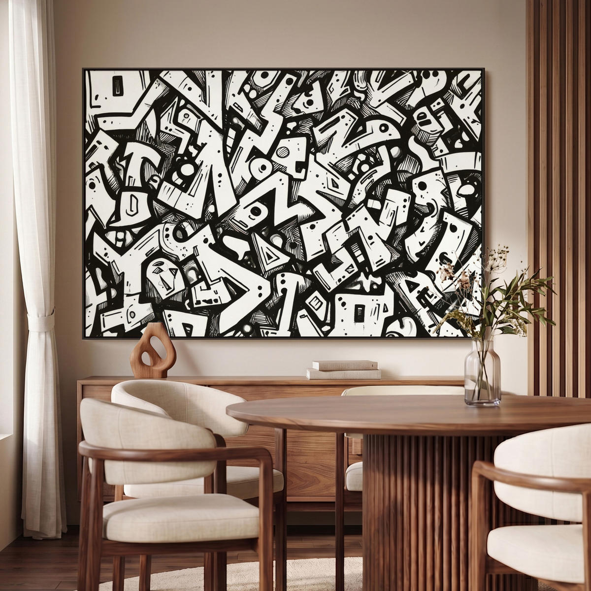 LEINWAND Bilder mit Rahmen - Formen - Buchstaben - Graffiti - Schwarz - 140x90 - Schwarz, Textil (140/90cm) - MuchoWow