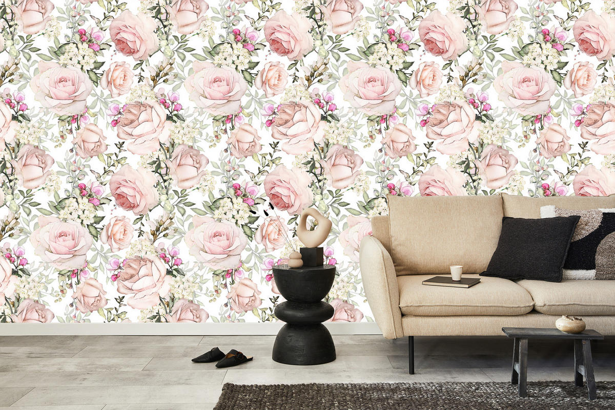 VLIESTAPETE Rosen und Blätter – Rosa, Grün, Weiß – 50x1000 cm - Rosa/Weiß, Papier (50/1000cm) - Muralo