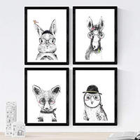 POSTER Set mit 4 Kinder Tiere mit Gläsern A3 Schwarzer Rahmen - Schwarz, Papier (29.7/3cm) - Nacnic