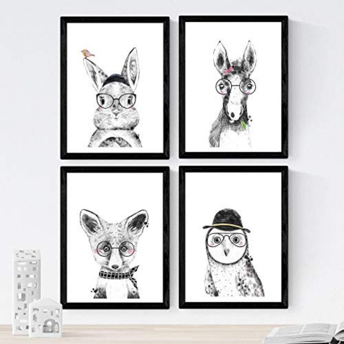 POSTER Set mit 4 Kinder Tiere mit Gläsern A3 Schwarzer Rahmen - Schwarz, Papier (29.7/3cm) - Nacnic