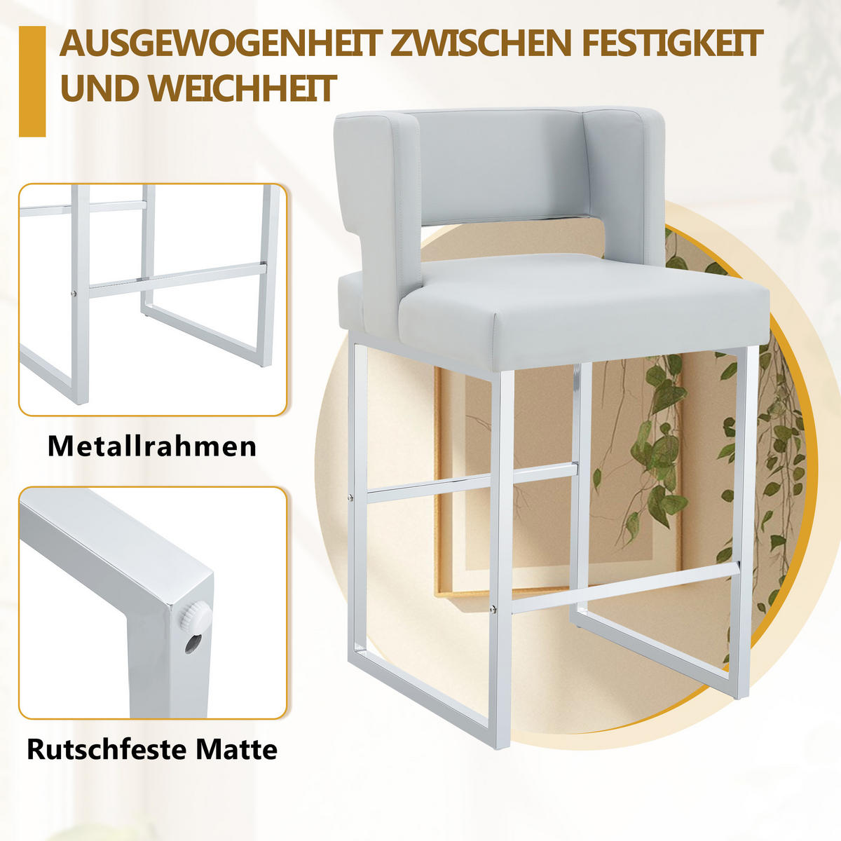BARHOCKER 2er-Set Hellgrau mit silbernen Metallbeinen und PU-Leder - Silberfarben, Metall (48/91.4/53.3cm) - PANGIVO