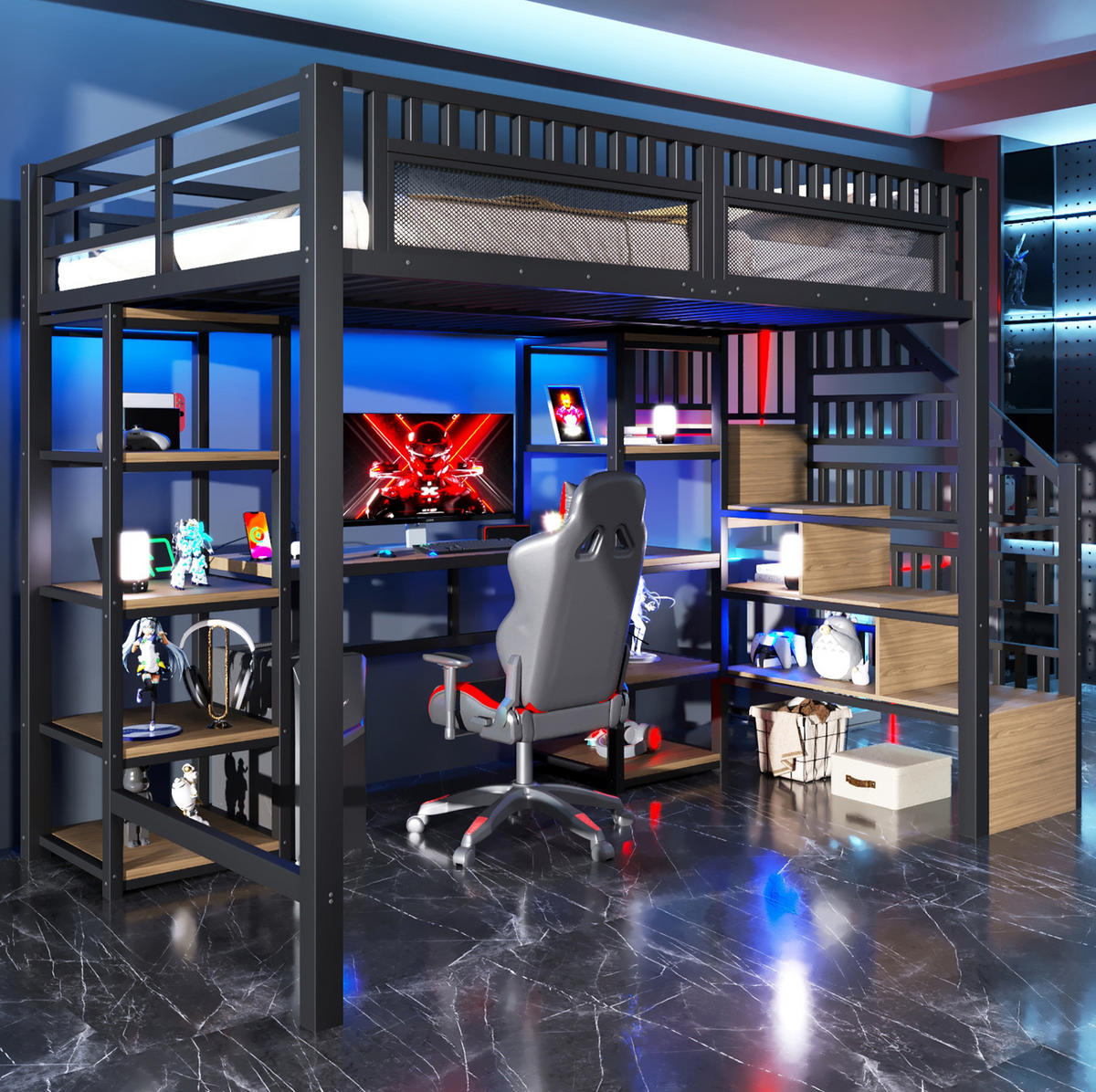 HOCHBETT 140/200 cm aus Metall und MDF mit Schreibtisch, LED-Lichtleiste, USB und Leiter mit Stauraum, Schwarz - Schwarz, Holzwerkstoff (140/200cm) - Redom