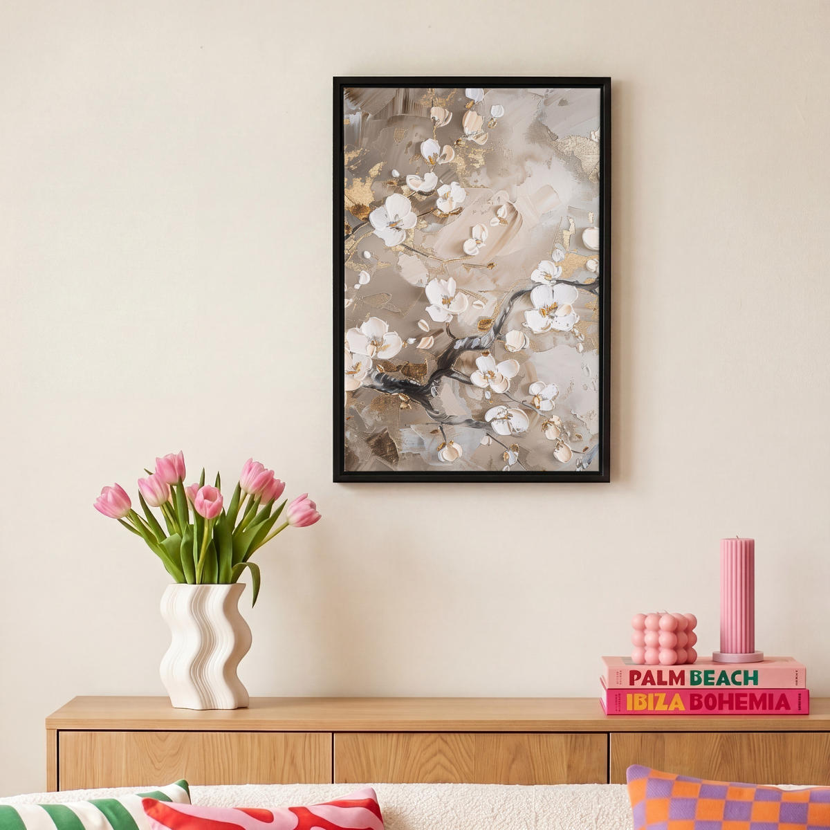 LEINWAND Bilder mit Rahmen - Blumen - Weiß - Gold - Beige - Luxus - 20x30 - Greige, Textil (20/30cm) - MuchoWow