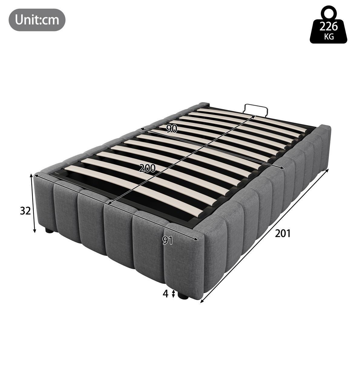 BETT mit hydraulischem Stauraum 90x200 cm Leinen Grau - Grau, Metall (90/200cm) - Meubliv