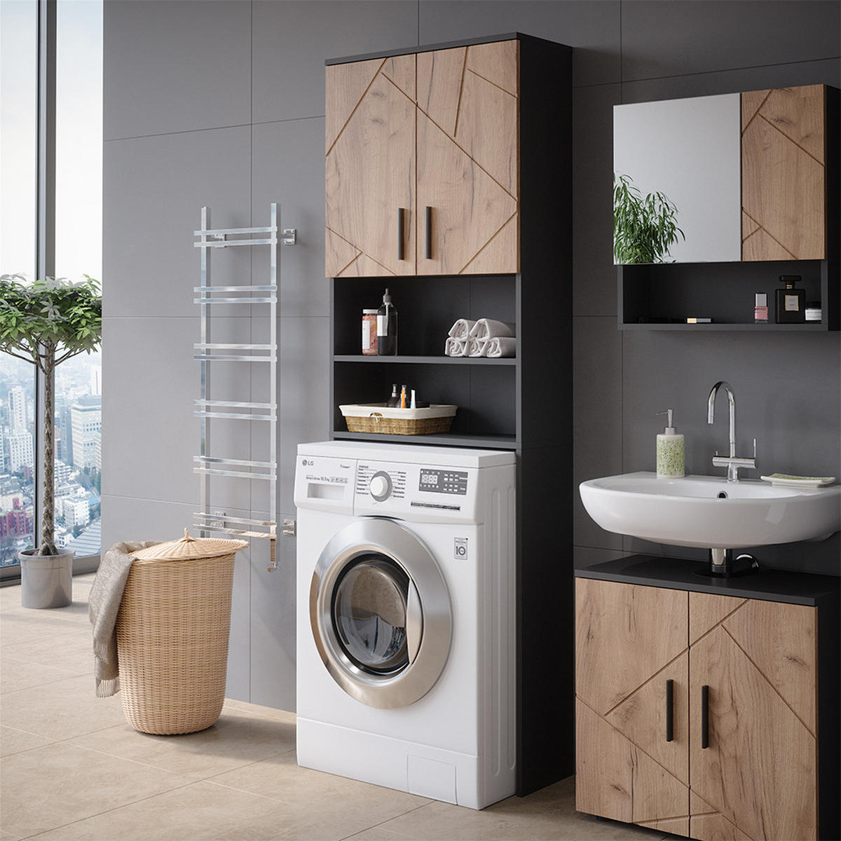 WASCHMASCHINENSCHRANK Irma Anthrazit/Goldkraft Eiche 64 x 190.5 cm - Eiche Wotan, Holzwerkstoff (64/190.5/26cm) - Vicco