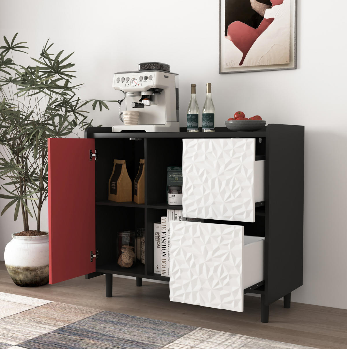 SIDEBOARD aus MDF 40x90x80 cm Schwarz/Rot mit 2 Schubladen, offenem Fach und Schranktür in modernem Design - Rot, Holzwerkstoff (90/80/40cm) - Modfu