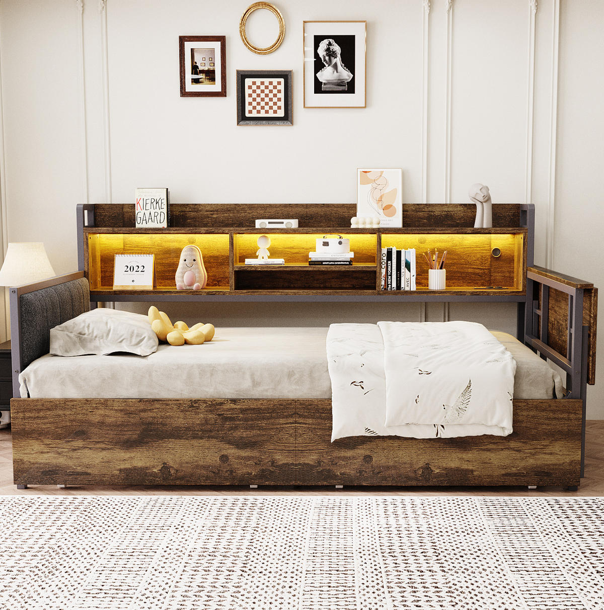 BETT 90/200 cm mit Schreibtisch, LED-Beleuchtung und Stauraum in Holzfarben - Naturfarben, Metall (90/200cm) - Flora Grace