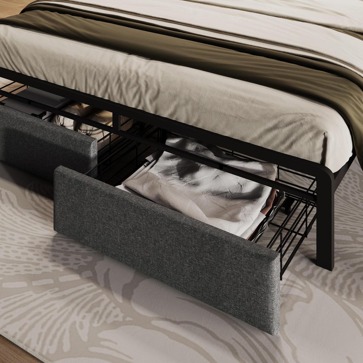 POLSTERBETT mit Stauraum und LED 140x200 cm Leinen Grau 2 Schubladen - Grau, Metall (140/200cm) - Meubliv