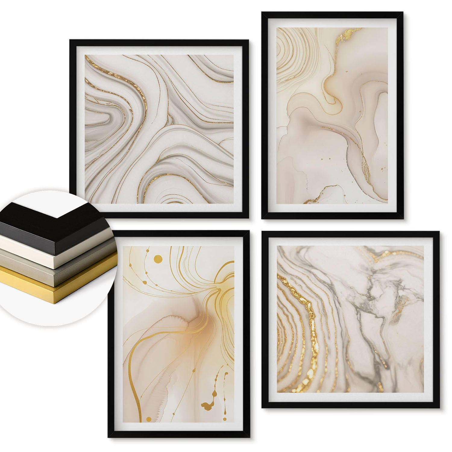 WANDBILDER 4er-Set - 50x50 cm & 40x60 cm Schwarzer Rahmen - Subtile abstrakte Muster - Schwarz, Kunststoff (50/50cm) - ArtPrintCave