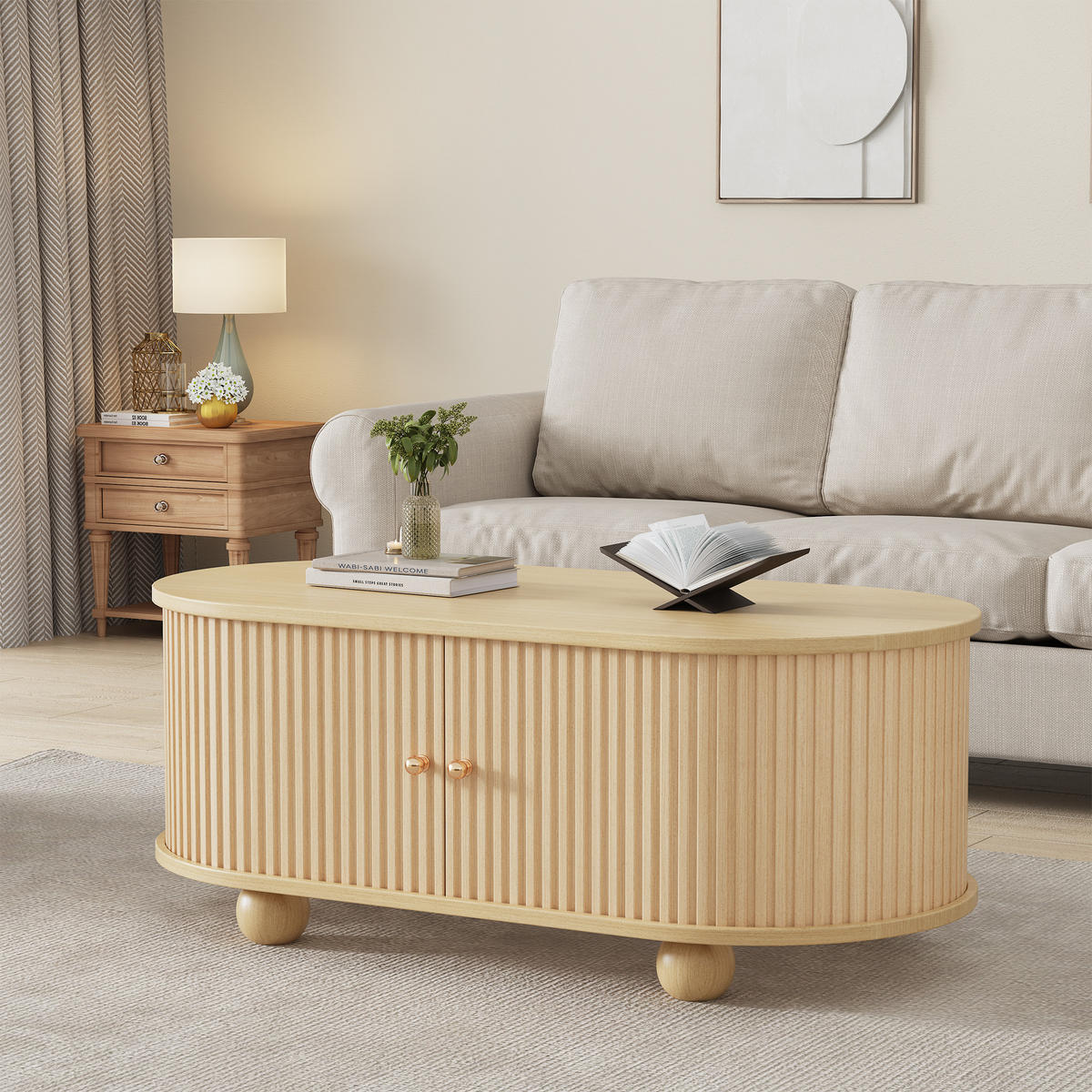 COUCHTISCH in Naturfarben mit Stauraum und Schiebetüren für Wohnzimmer, B100/T50/H40 cm - Naturfarben, Holz/Holzwerkstoff (50/100/40cm) - STILVORA