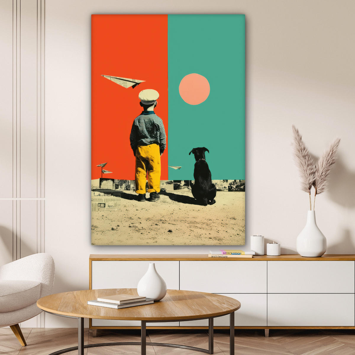 LEINWANDBILD Retro - Junge - Hund - Rot - Grün Deko Groß 90x140 cm - Orange, Textil (90/140cm) - MuchoWow