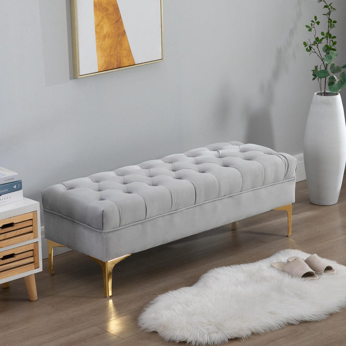 SITZBANK Bettbank Schuhbank mit erhöhten Beine Schlafzimmer Samt Hellgrau - Hellgrau, Kunststoff (45/42/118cm) - HOMCOM