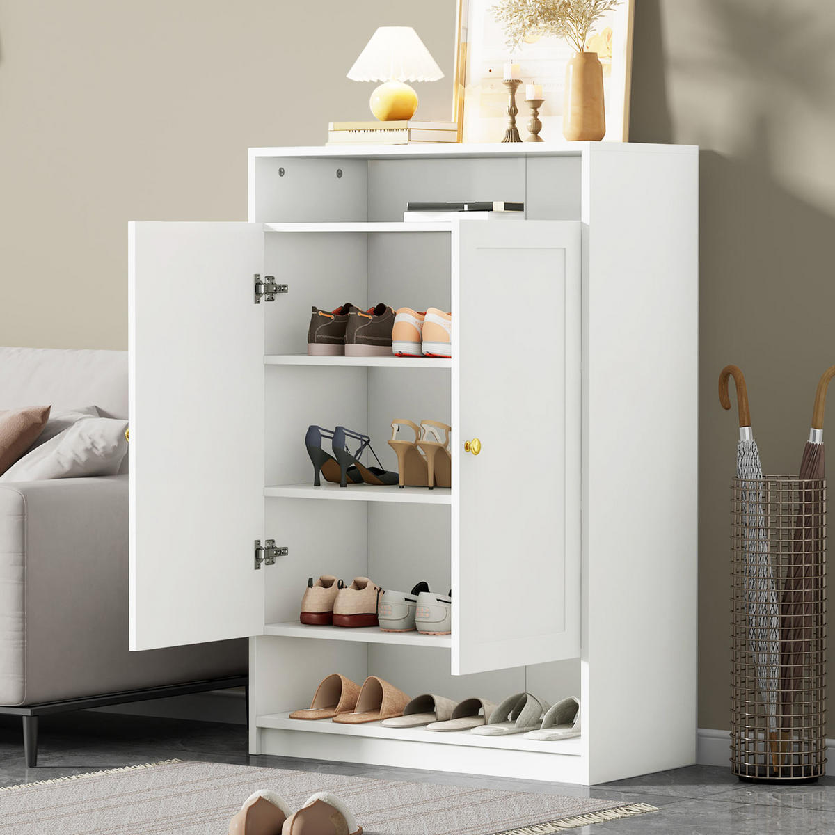 SCHUHSCHRANK Modern mit Goldgriffen Weiß 73x34x109cm - Weiß, Holzwerkstoff (34/109/73cm) - FLIEKS