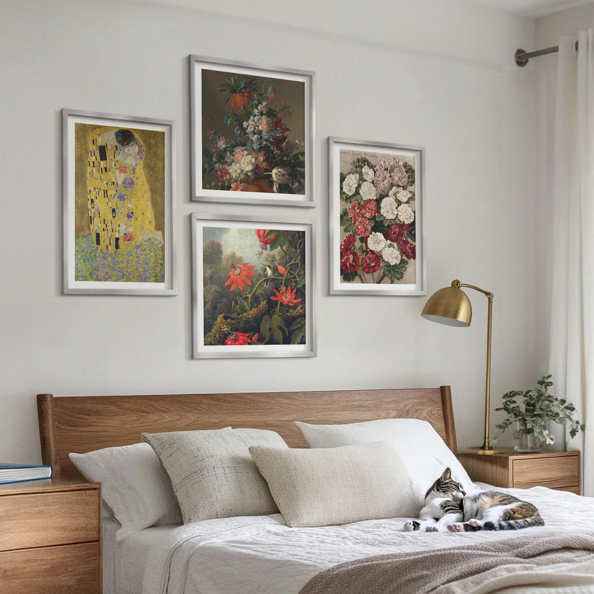 BILDER SET 4er Set - 50x50 cm & 40x60 cm Silberner Rahmen - Blumen des Baumes (Gemälde von Klimt) - Silberfarben, Kunststoff (50/50cm) - TULUP