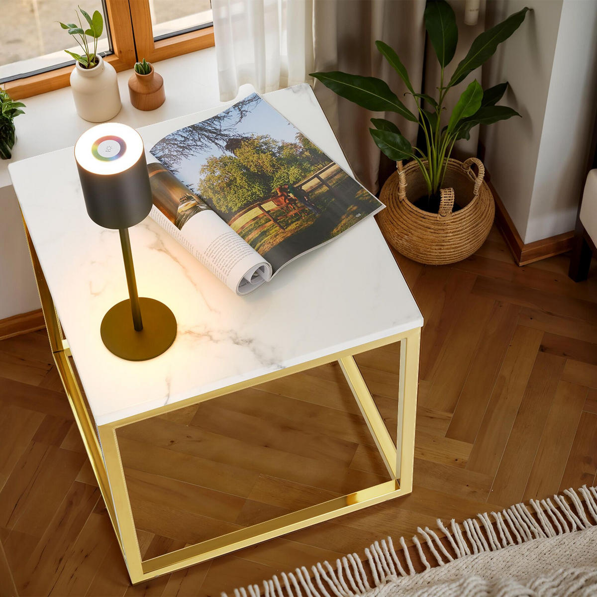 MARMOR-BEISTELLTISCH Alysia,mit höhenverstellbaren Kunststofffüßen,gold/weiß - Goldfarben/Weiß, Stein (45/45/47.5cm) - tectake