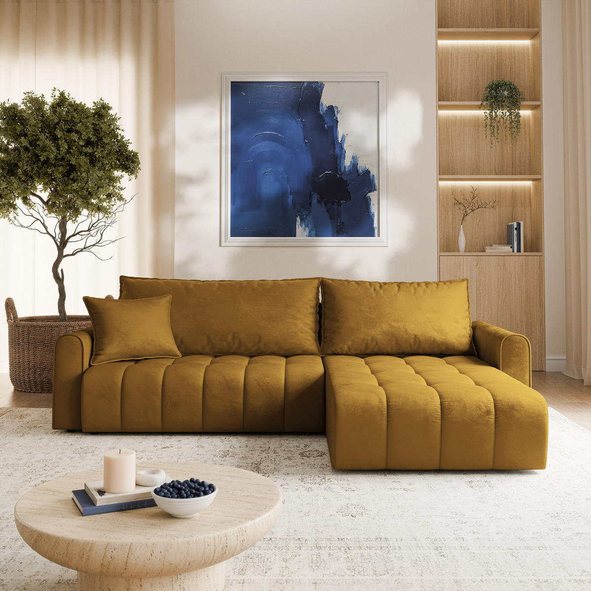 ECKSOFA FRIGA Gelb Velours-Stoff mit Schlaffunktion - Gelb, Holz (283/185cm) - MASSENO