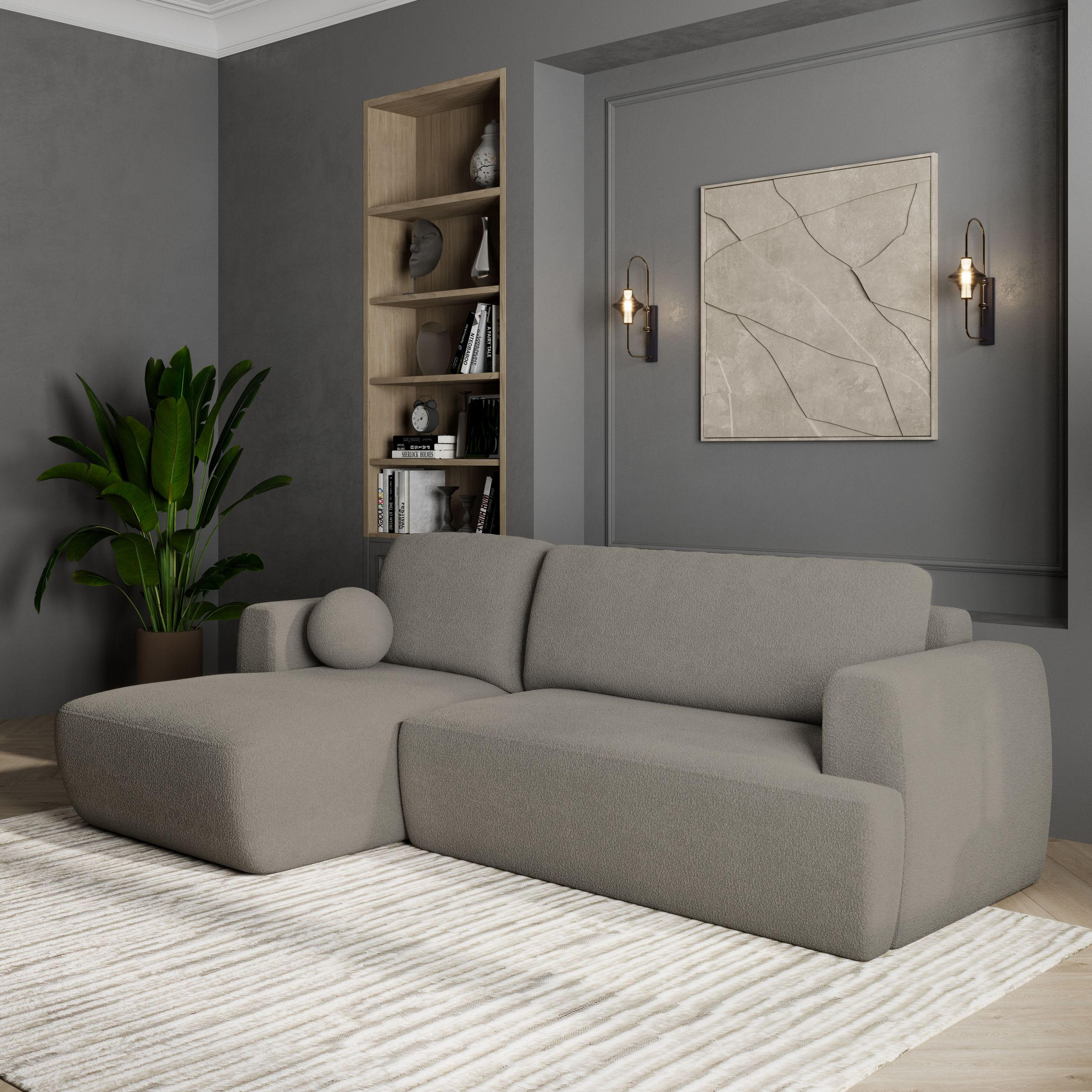 ECKSOFA SENTI N L-S Hellgrau Boucle-Stoff mit Schlaffunktion - Hellgrau, Holz (246/148cm) - MASSENO