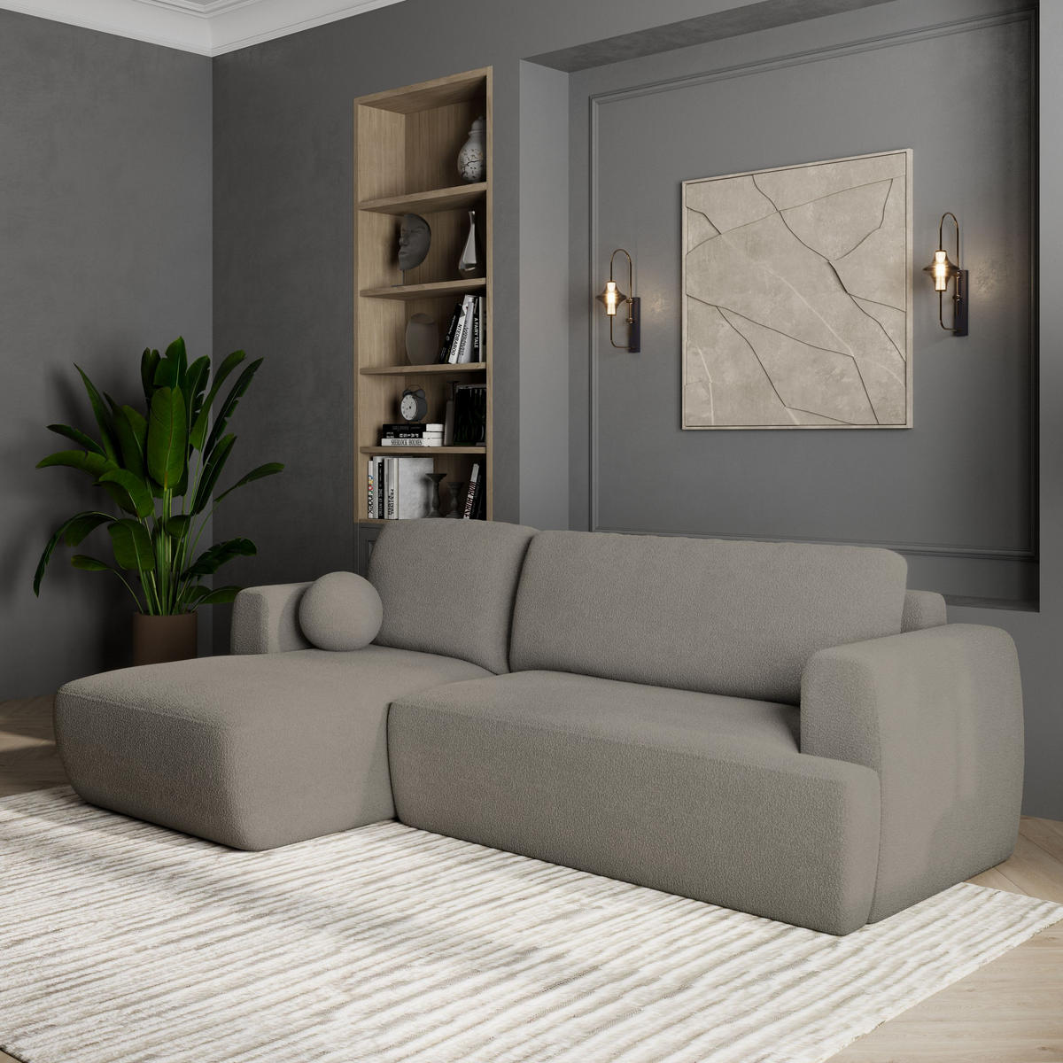 ECKSOFA SENTI N L-S Hellgrau Boucle-Stoff mit Schlaffunktion - Hellgrau, Holz (246/148cm) - MASSENO