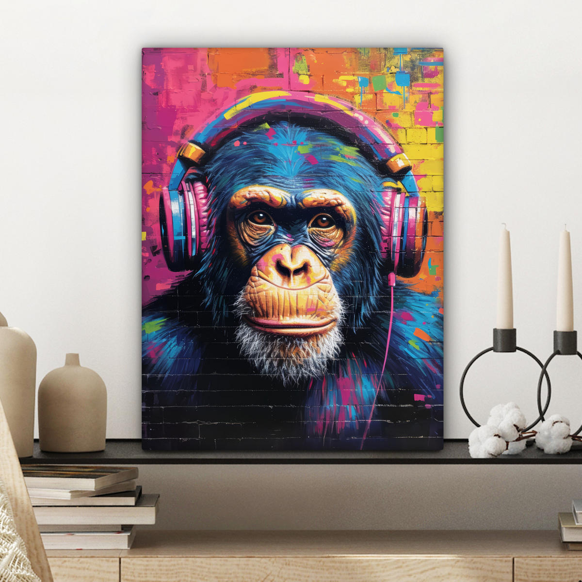 LEINWANDBILD Graffiti - Schimpanse - Straßenkunst - Kopfhörer - Affe Room Decor 30x40 cm - Blau, Textil (30/40cm) - MuchoWow