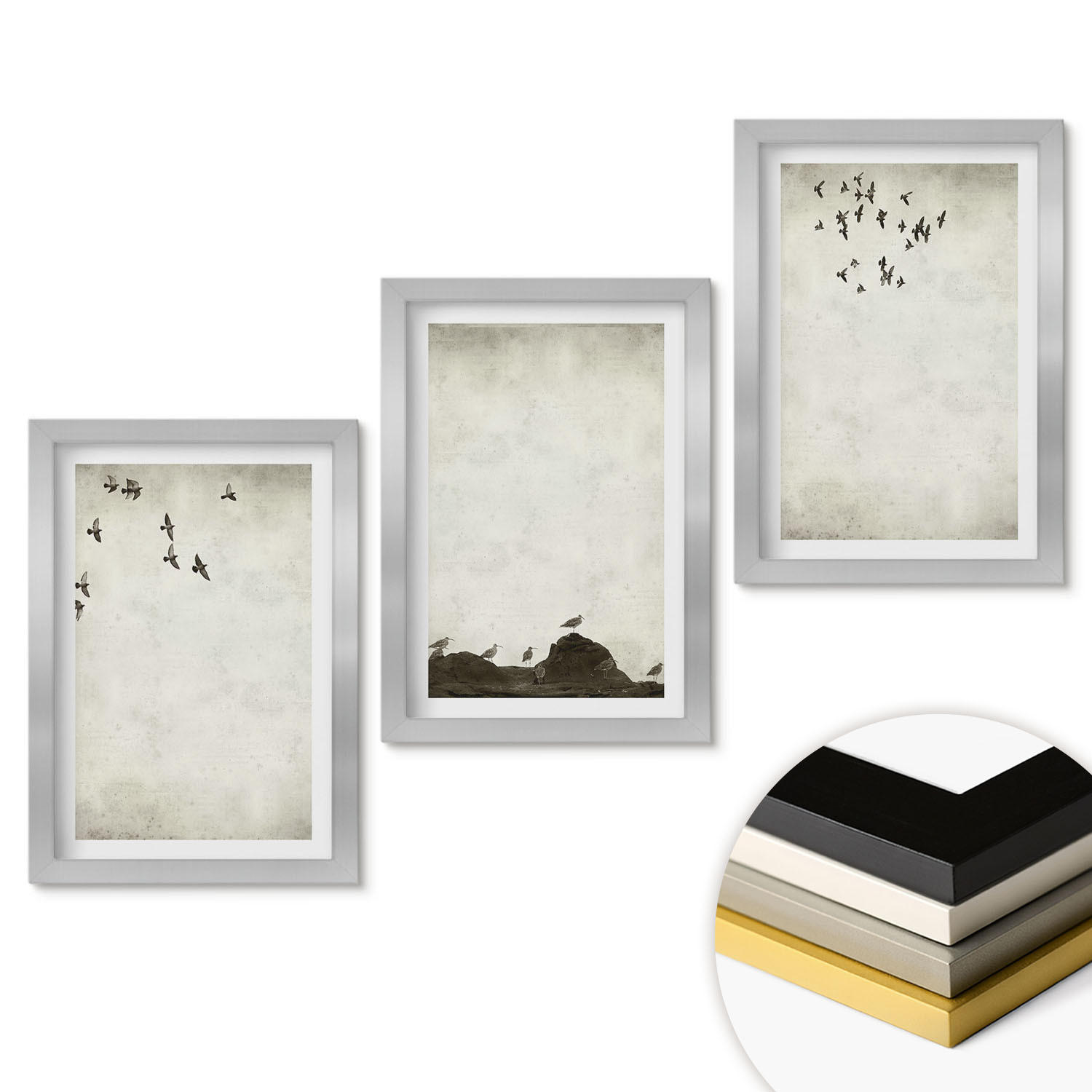 WANDBILDER 3er Set - 20x30 cm Silberner Rahmen - Fliegende Vögel Minimalismus - Silberfarben, Kunststoff (20/30cm) - ArtPrintCave