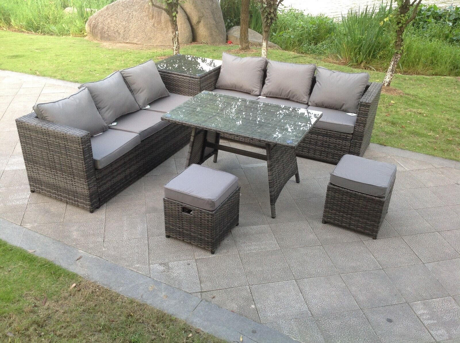 GARTENMÖBEL SET Polyrattan 8-Sitzer Grau - Dunkelgrau/Grau, Glas/Kunststoff - Fimous