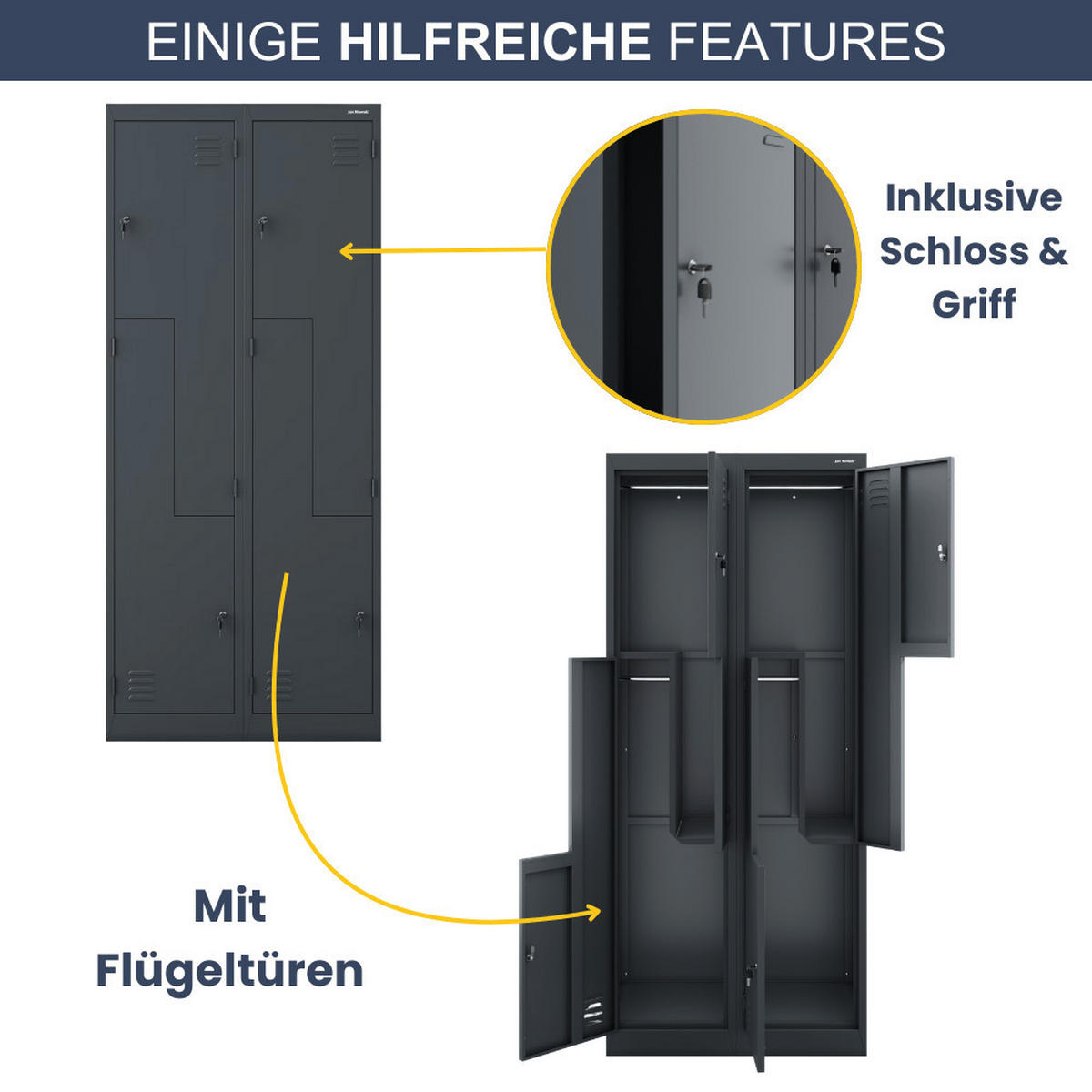 UMKLEIDESCHRANK Spind OSLO 4 Abteile 185x80x45cm Anthrazit - Anthrazit, Metall (80/185/45cm) - DELUKE
