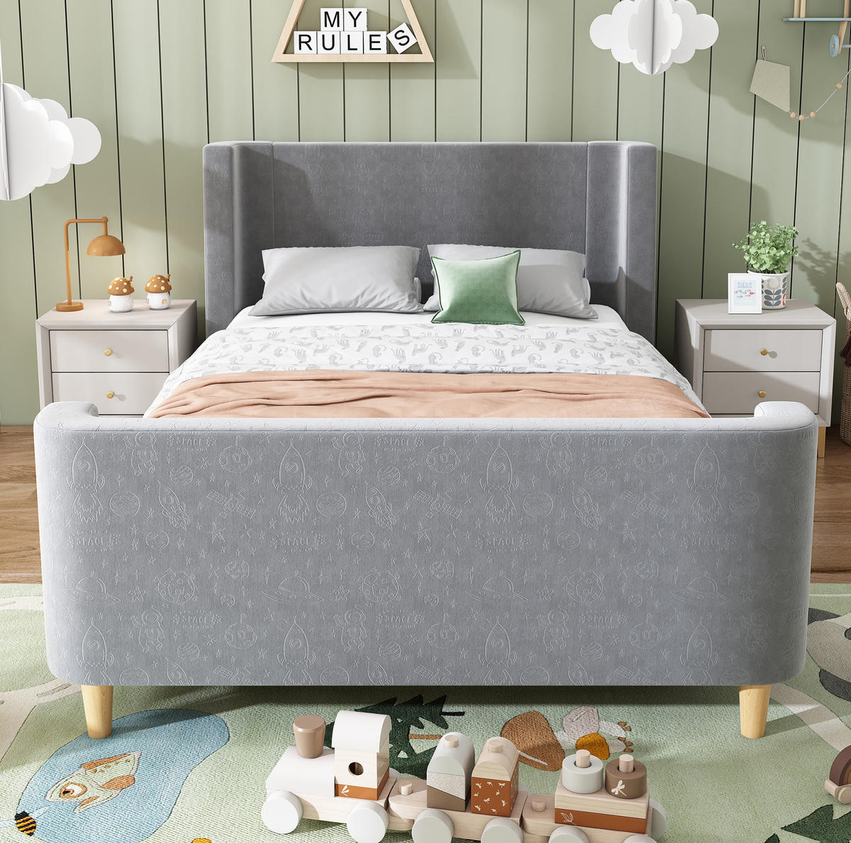 KINDERBETT aus Samt 90x200 cm Grau mit Weltraummuster und gepolstertem Kopfteil - Grau, Textil (90/200cm) - IVMEU