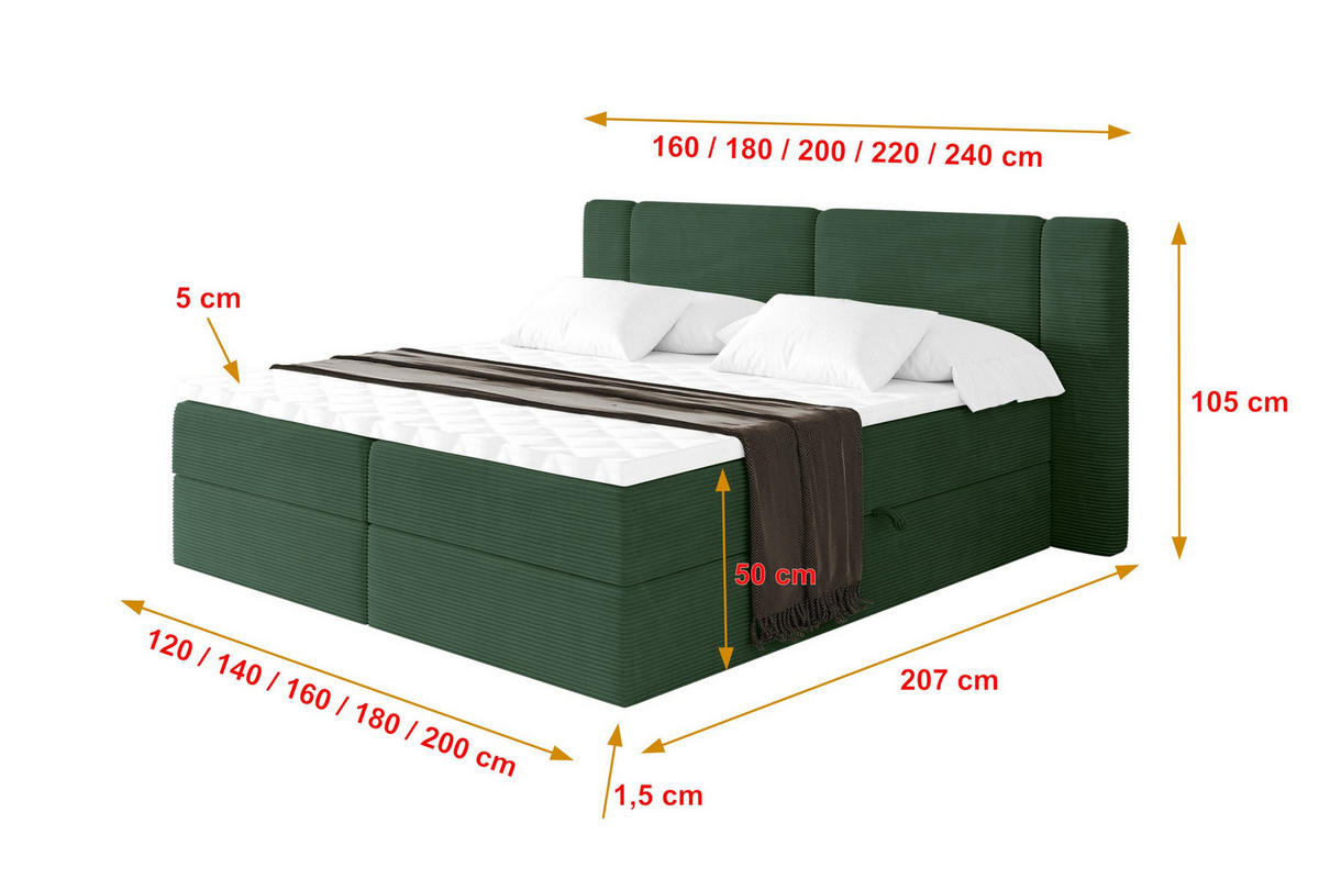 BOXBETT mit Matratze H3 - EVON - 140x200 cm Grün - Grün, Holzwerkstoff (140/200cm) - ALTDECOR