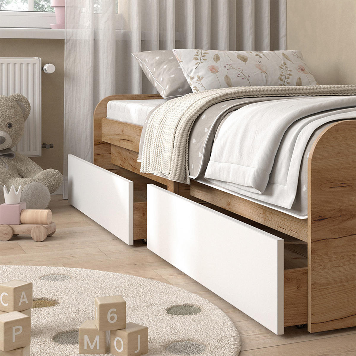 KINDERBETT Clario Weiß/Artisan 90x200 cm mit Matratze - Weiß/Eiche Artisan, Holzwerkstoff - Vicco