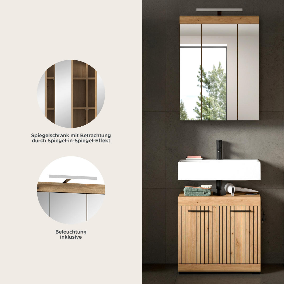 BADEZIMMER Vento 3-tlg. (B/H/T: ca. 60/191/34 cm) in Artisan Eiche /Artisan Eiche - Eiche Artisan, Holz (60/191/34cm)