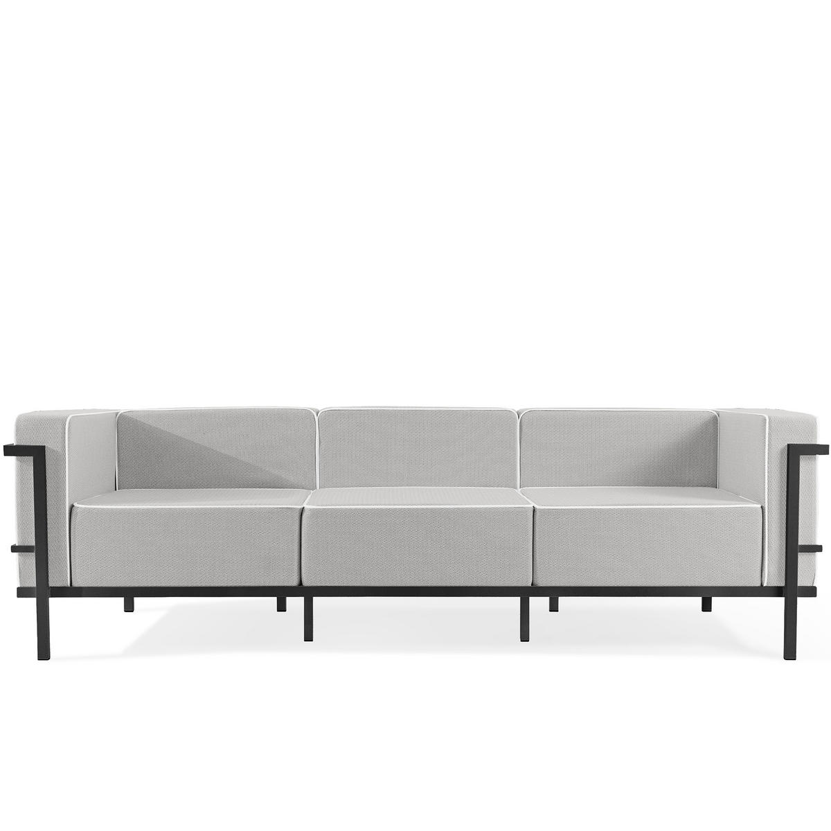 GARTENLOUNGE-SET TRIGLO 1x Tisch, 2x Sessel, 1x Sofa 3-Sitzer, 4-tlg., Modern, Dunkelgrau - Dunkelgrau/Weiß, Glas/Textil - KONSIMO®