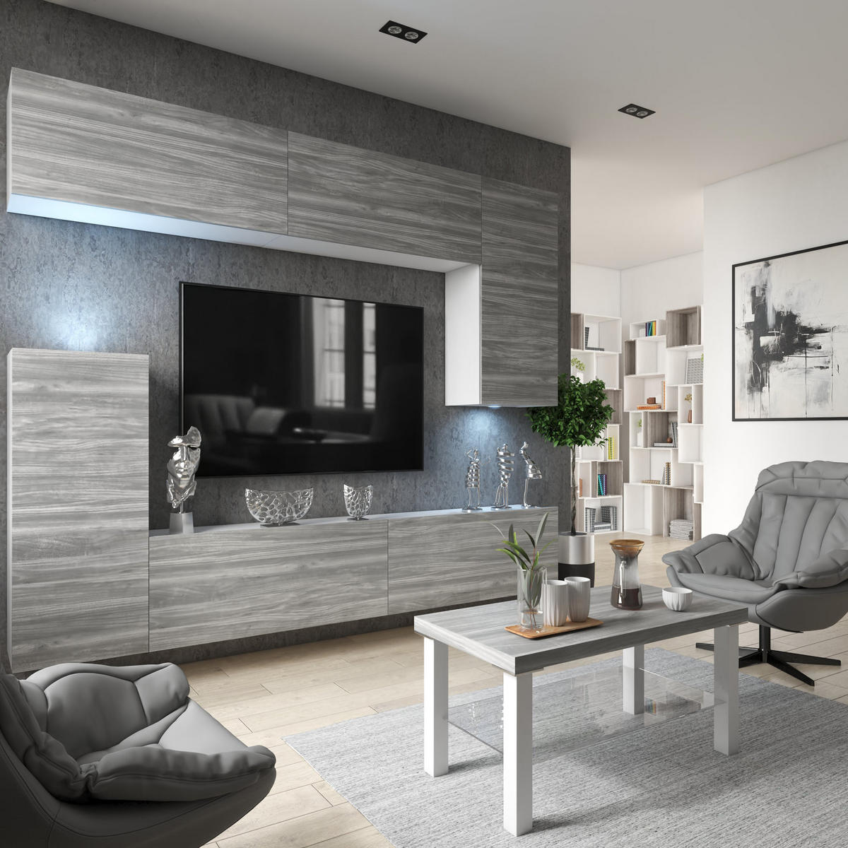 WOHNWAND Milano 8, Grau Matt, 250 cm, Grifflos - Grau, Holz (250/115/36cm) - B BELINI GROUP
