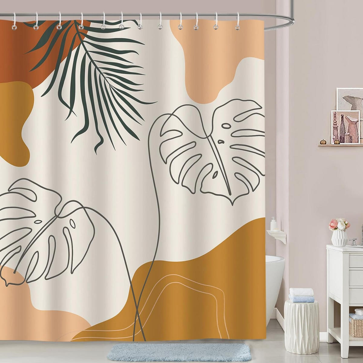 DUSCHVORHANG Boho abstrakt Blätter Mitte Polyester mit Haken - Braun, Textil (180/180cm) - MCBOSON