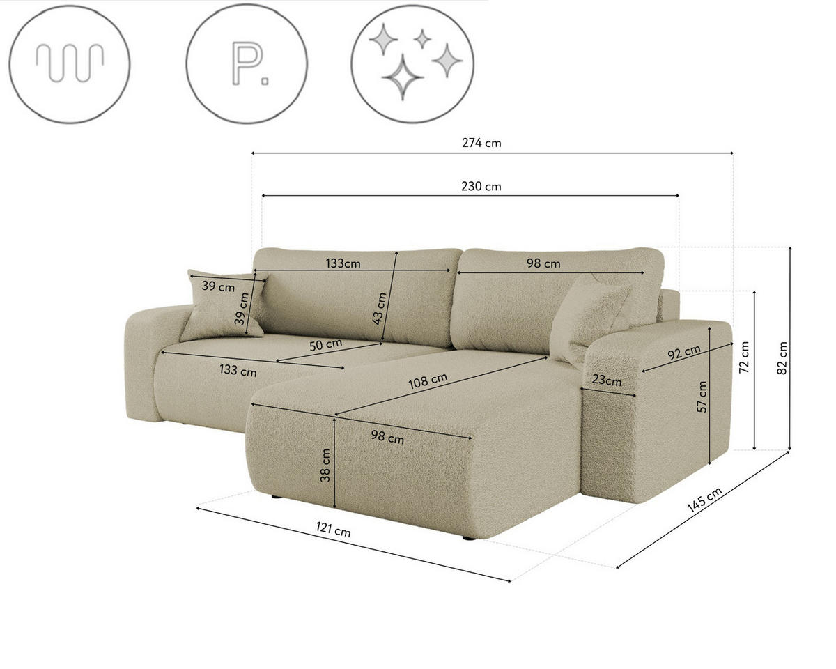 SCHLAFSOFA MILANO XL Und Bettkasten Stoff Quelle Beige Rechts - Beige, Holz (274/82/145cm) - Kaiser Möbel