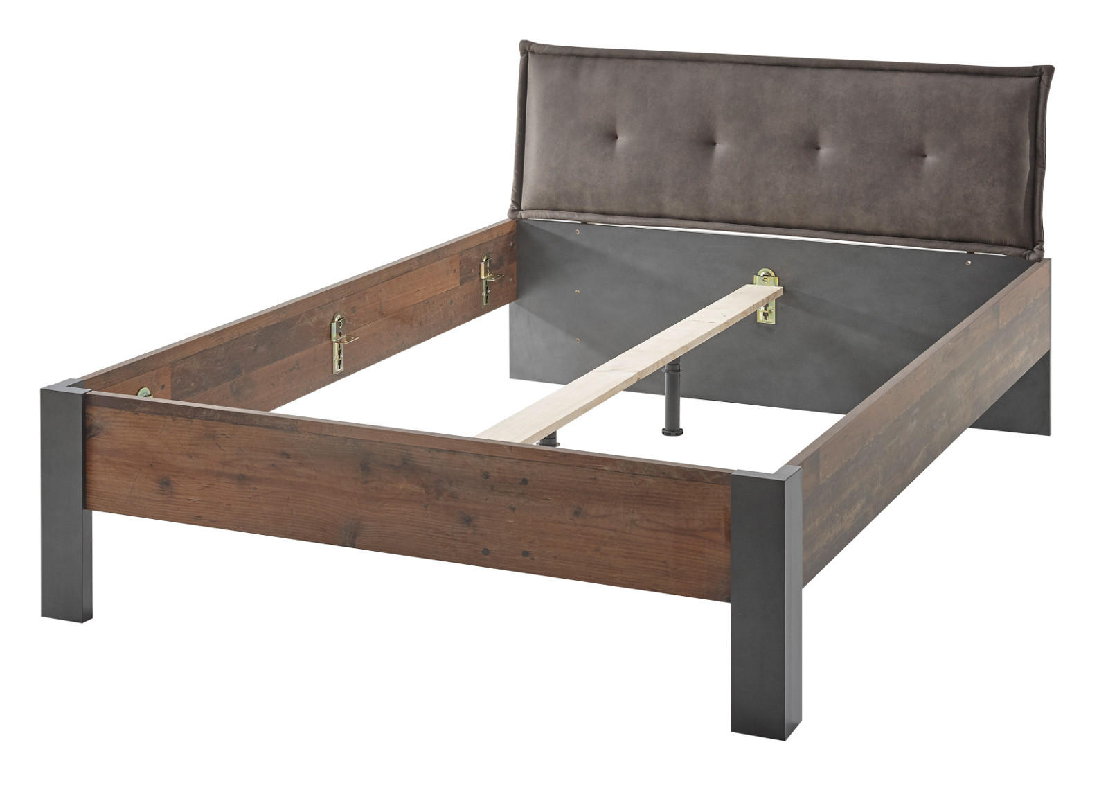 BETT Old Used Wood Shabby Design mit grau, Kopfteil gepolstert, Einzelbett, Liegefläche 140 x 200 cm - Dunkelgrau/Braun, Holzwerkstoff (140/200cm) - Furn.Design
