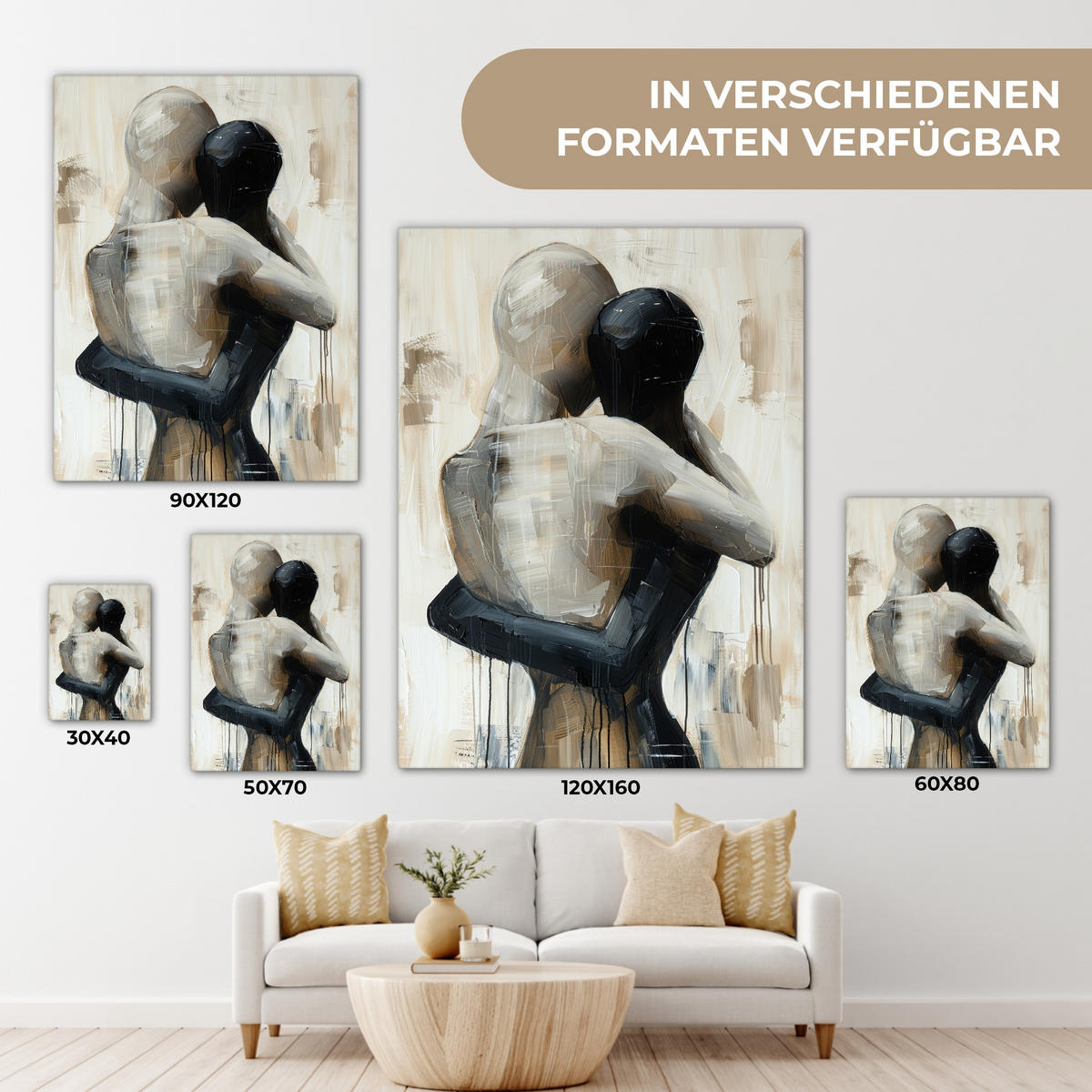 LEINWANDBILD Abstrakt - Liebe - Schwarz und weiß - Modern 60x80 cm - Schwarz, Textil (60/80cm) - MuchoWow